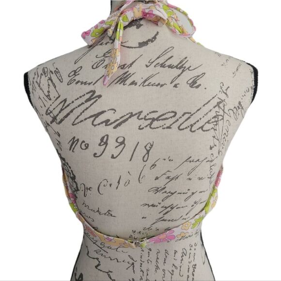 Ladies Size XL Pink Green Yellow Groovy Flowers Bikini Top - Picture 3 of 5